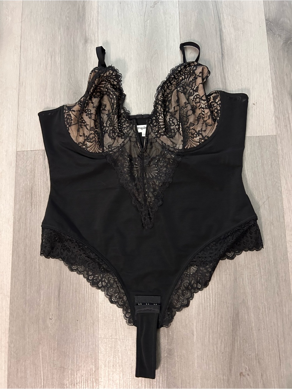 Sheer Lace Black Bodysuit with Lace Trim - Women Tops